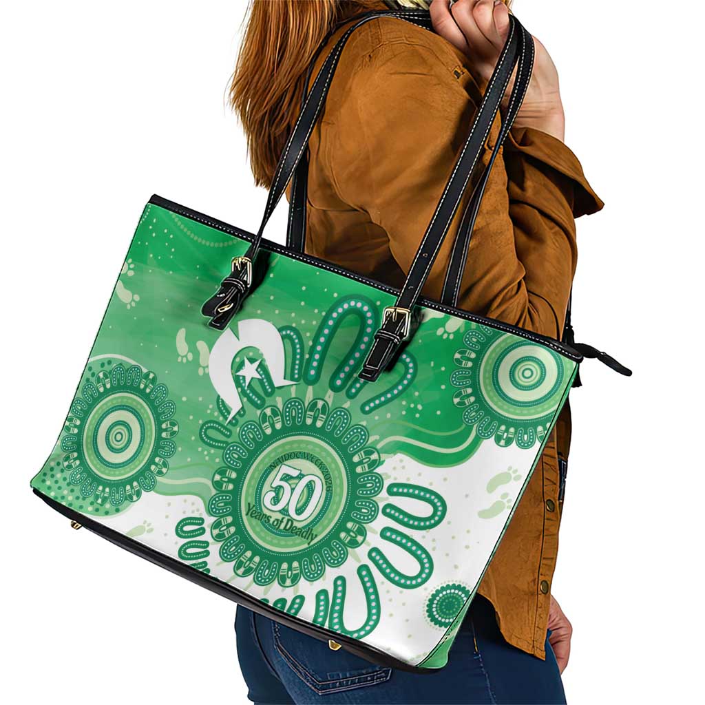NAIDOC Week 2026 Leather Tote Bag 50 Years Deadly Dhari Green Aboriginal Art