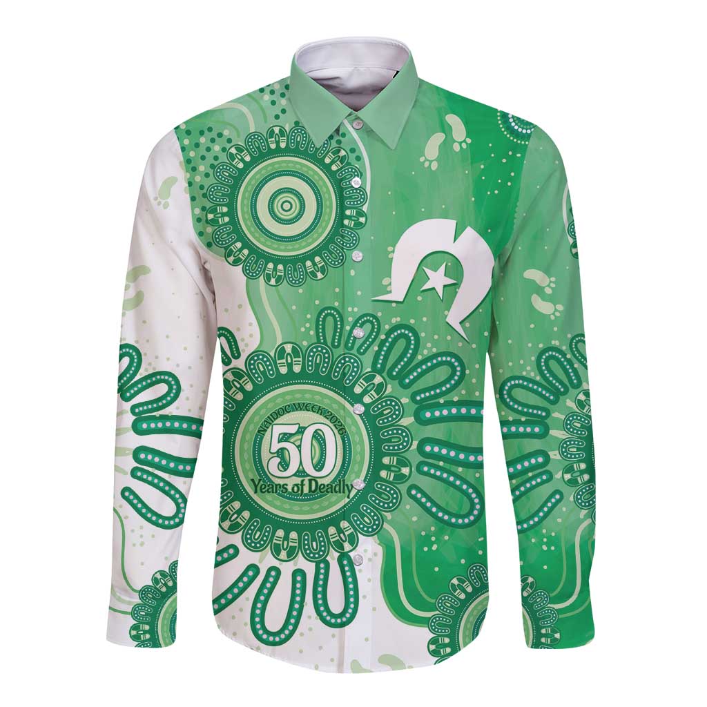 NAIDOC Week 2026 Long Sleeve Button Shirt 50 Years Deadly Dhari Green Aboriginal Art