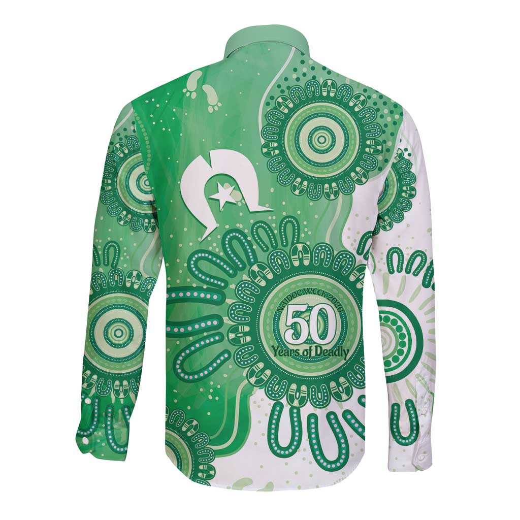 NAIDOC Week 2026 Long Sleeve Button Shirt 50 Years Deadly Dhari Green Aboriginal Art