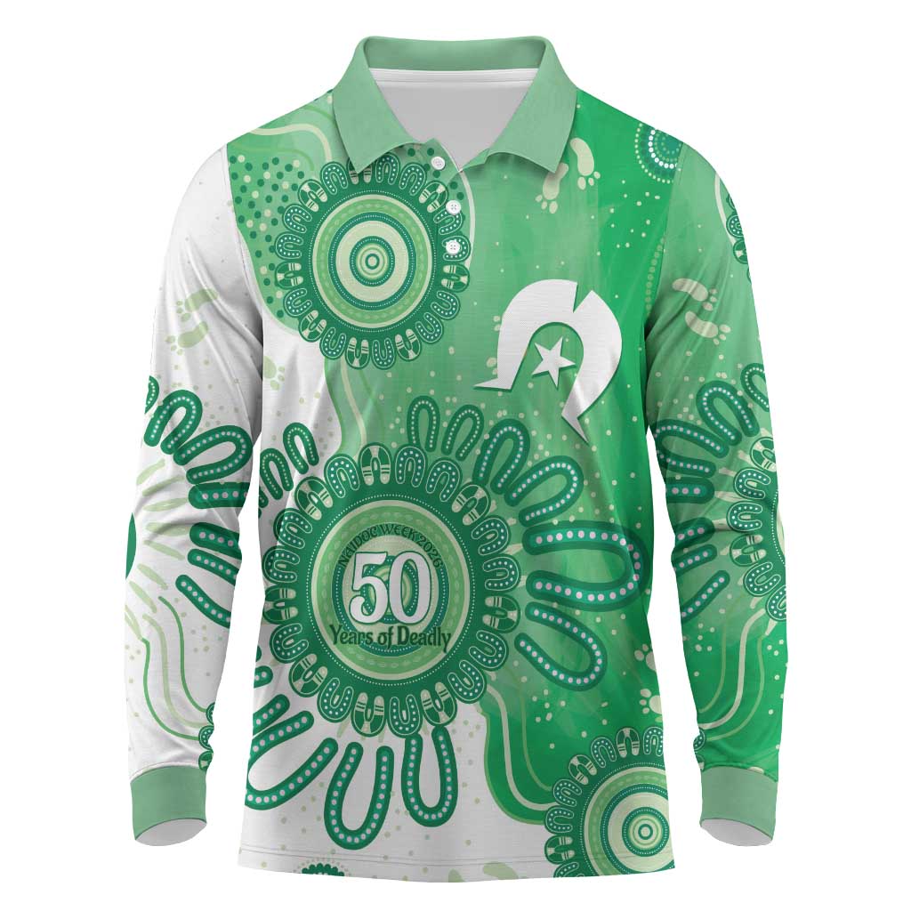 NAIDOC Week 2026 Long Sleeve Polo Shirt 50 Years Deadly Dhari Green Aboriginal Art
