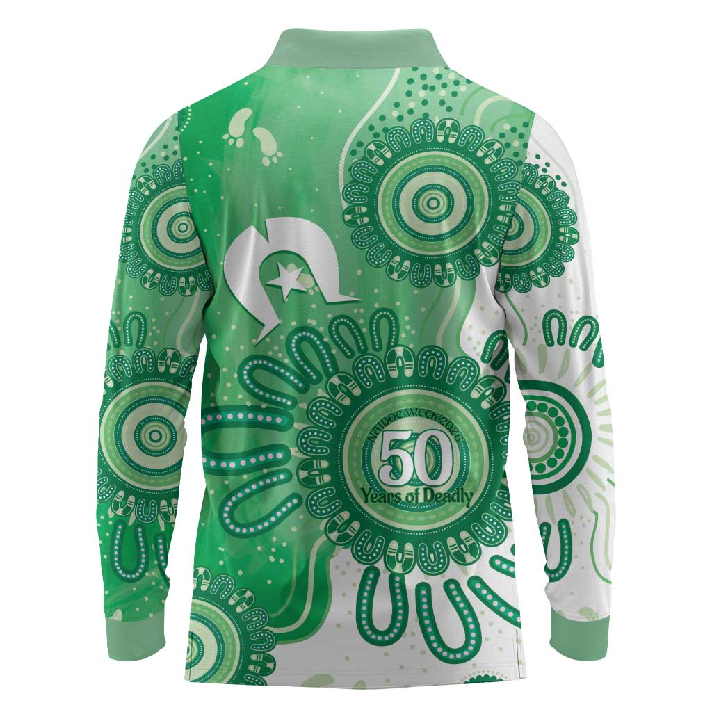 NAIDOC Week 2026 Long Sleeve Polo Shirt 50 Years Deadly Dhari Green Aboriginal Art