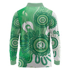 NAIDOC Week 2026 Long Sleeve Polo Shirt 50 Years Deadly Dhari Green Aboriginal Art