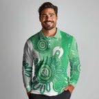 NAIDOC Week 2026 Long Sleeve Polo Shirt 50 Years Deadly Dhari Green Aboriginal Art