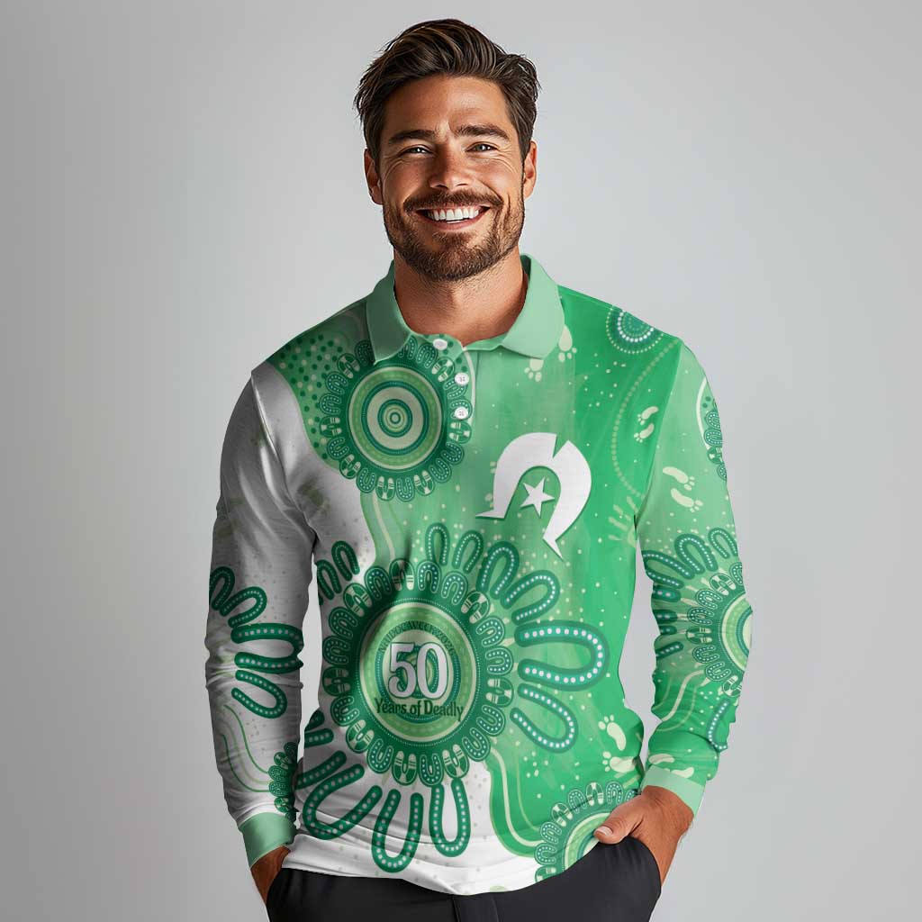 NAIDOC Week 2026 Long Sleeve Polo Shirt 50 Years Deadly Dhari Green Aboriginal Art