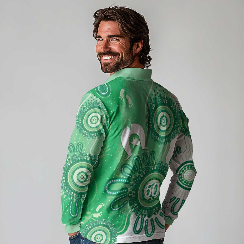 NAIDOC Week 2026 Long Sleeve Polo Shirt 50 Years Deadly Dhari Green Aboriginal Art