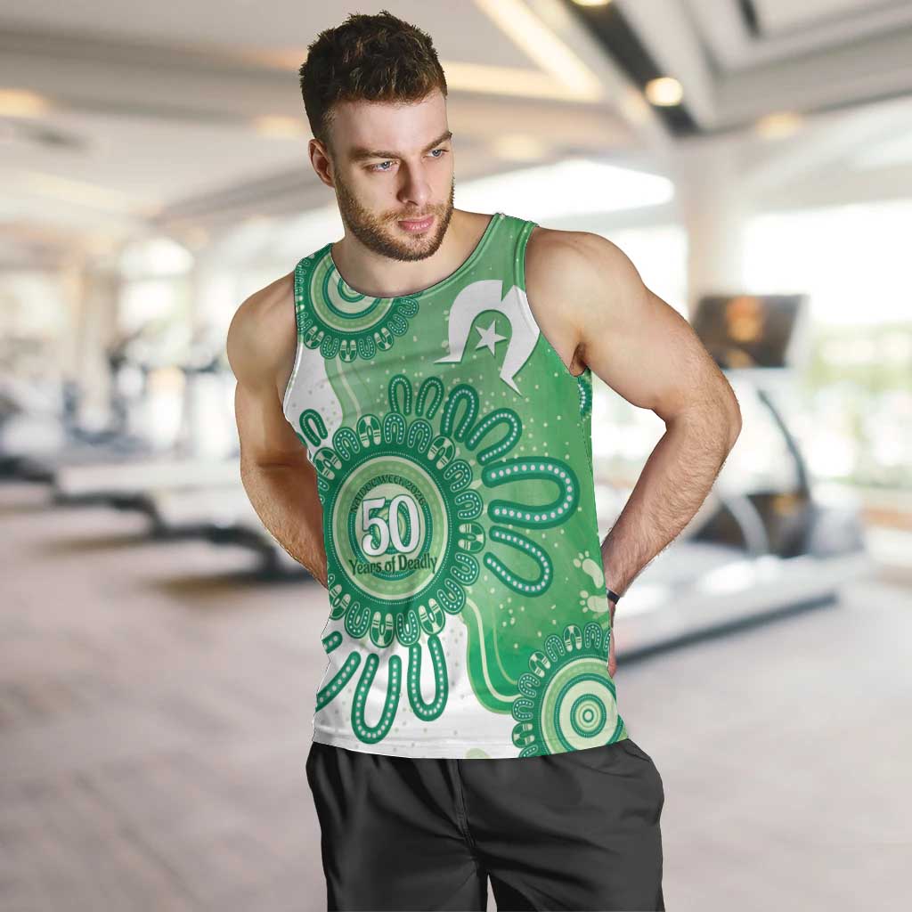 NAIDOC Week 2026 Men Tank Top 50 Years Deadly Dhari Green Aboriginal Art