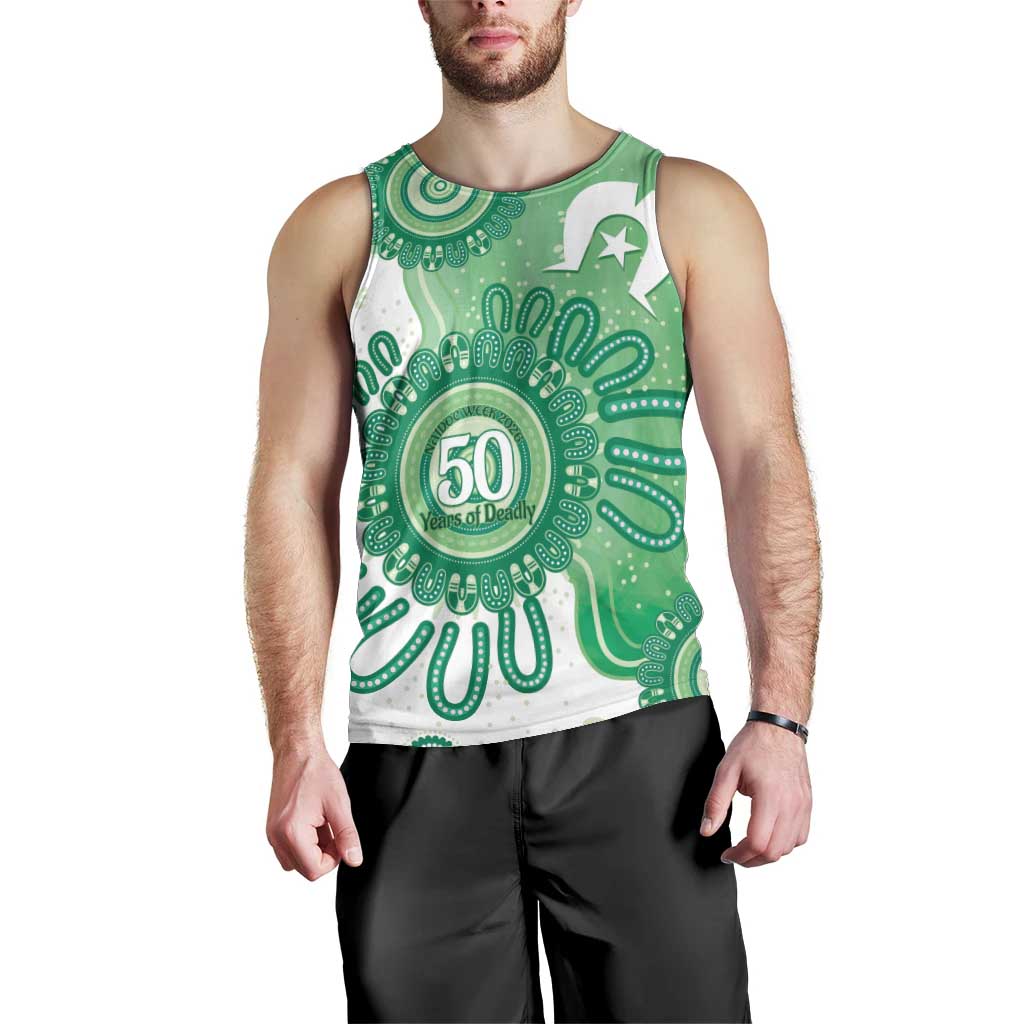 NAIDOC Week 2026 Men Tank Top 50 Years Deadly Dhari Green Aboriginal Art