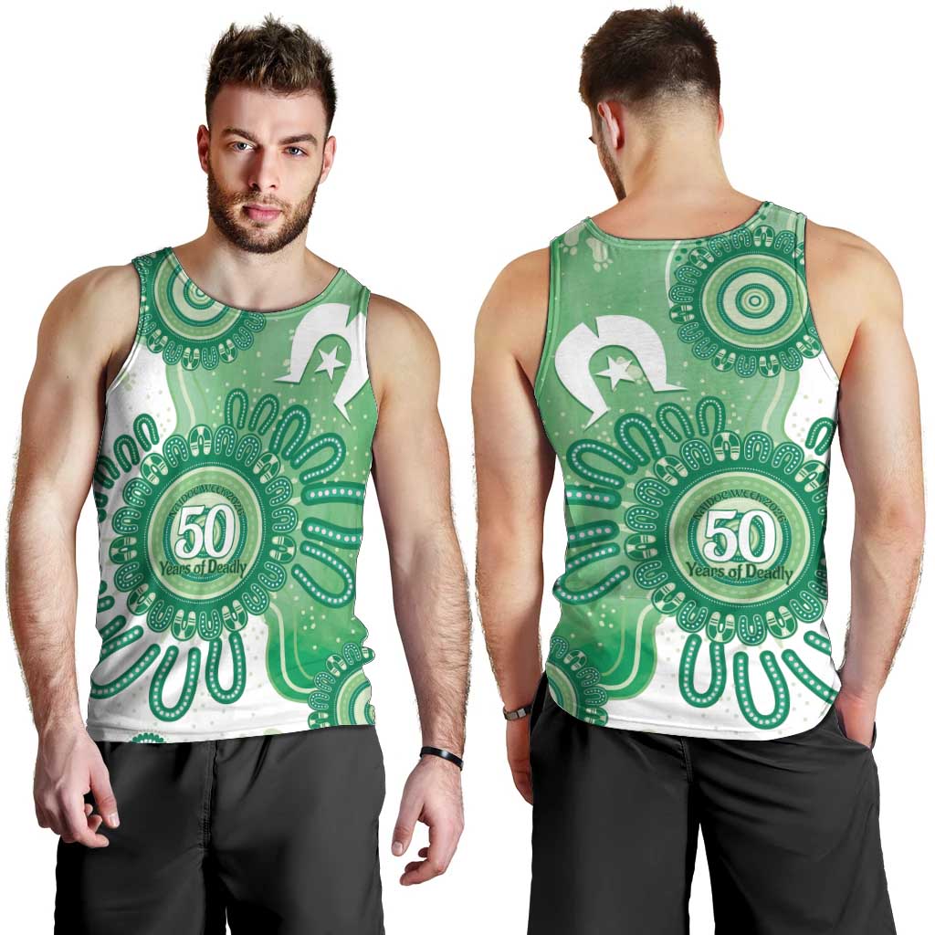 NAIDOC Week 2026 Men Tank Top 50 Years Deadly Dhari Green Aboriginal Art
