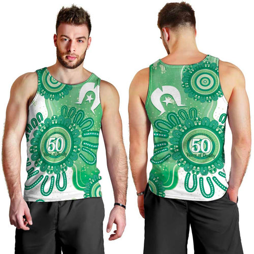 NAIDOC Week 2026 Men Tank Top 50 Years Deadly Dhari Green Aboriginal Art
