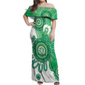 NAIDOC Week 2026 Off Shoulder Maxi Dress 50 Years Deadly Dhari Green Aboriginal Art