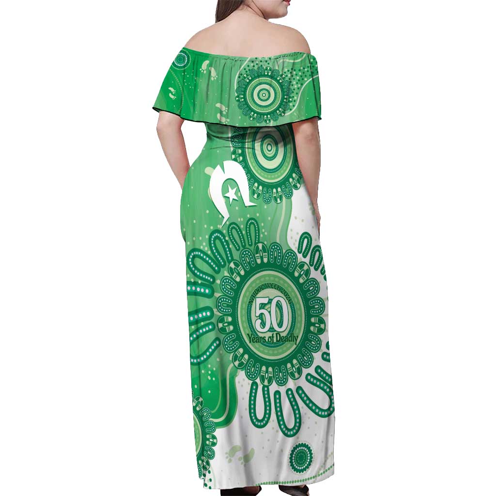 NAIDOC Week 2026 Off Shoulder Maxi Dress 50 Years Deadly Dhari Green Aboriginal Art