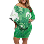 NAIDOC Week 2026 Off Shoulder Short Dress 50 Years Deadly Dhari Green Aboriginal Art