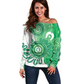 NAIDOC Week 2026 Off Shoulder Sweater 50 Years Deadly Dhari Green Aboriginal Art