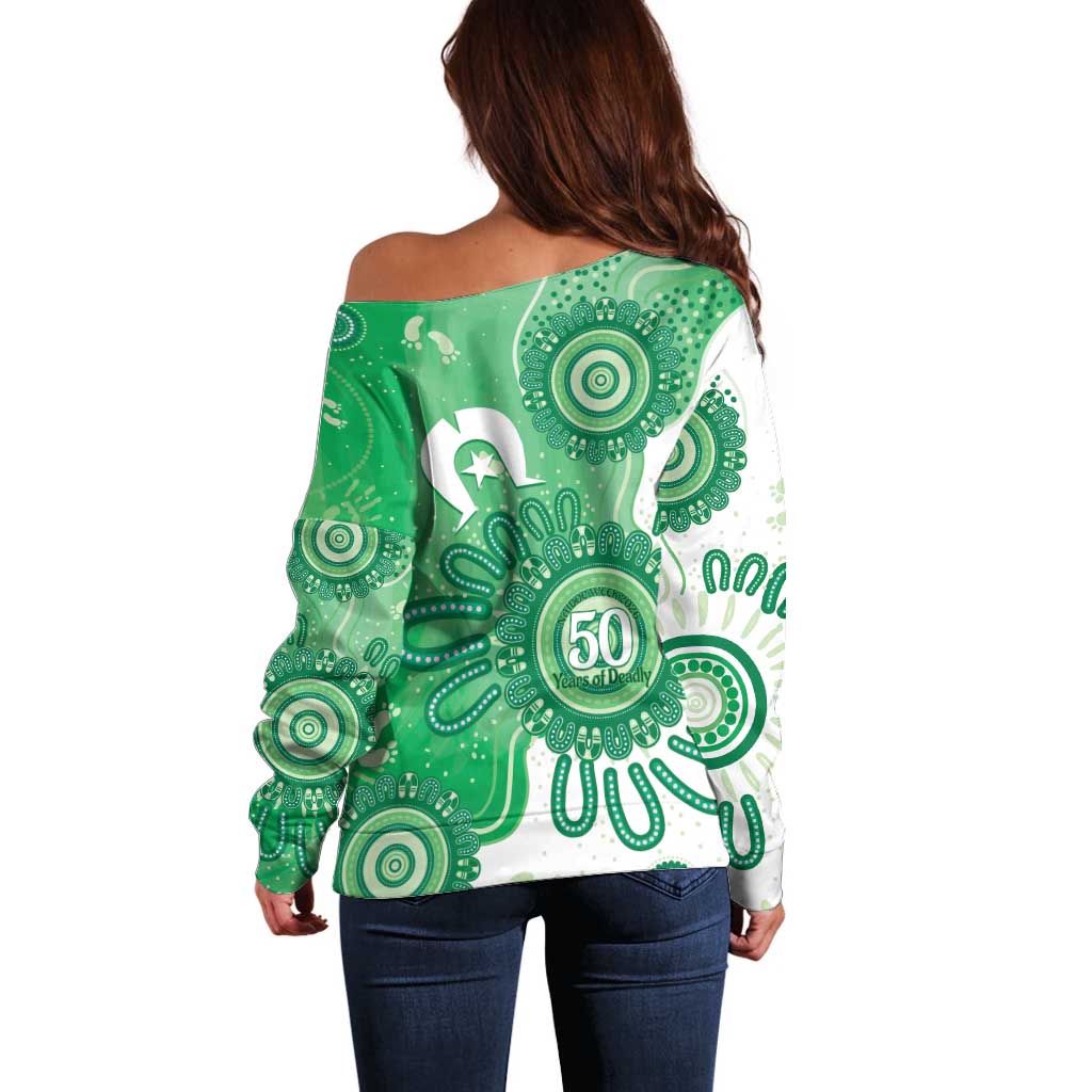 NAIDOC Week 2026 Off Shoulder Sweater 50 Years Deadly Dhari Green Aboriginal Art