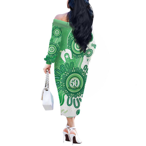 NAIDOC Week 2026 Off The Shoulder Long Sleeve Dress 50 Years Deadly Dhari Green Aboriginal Art