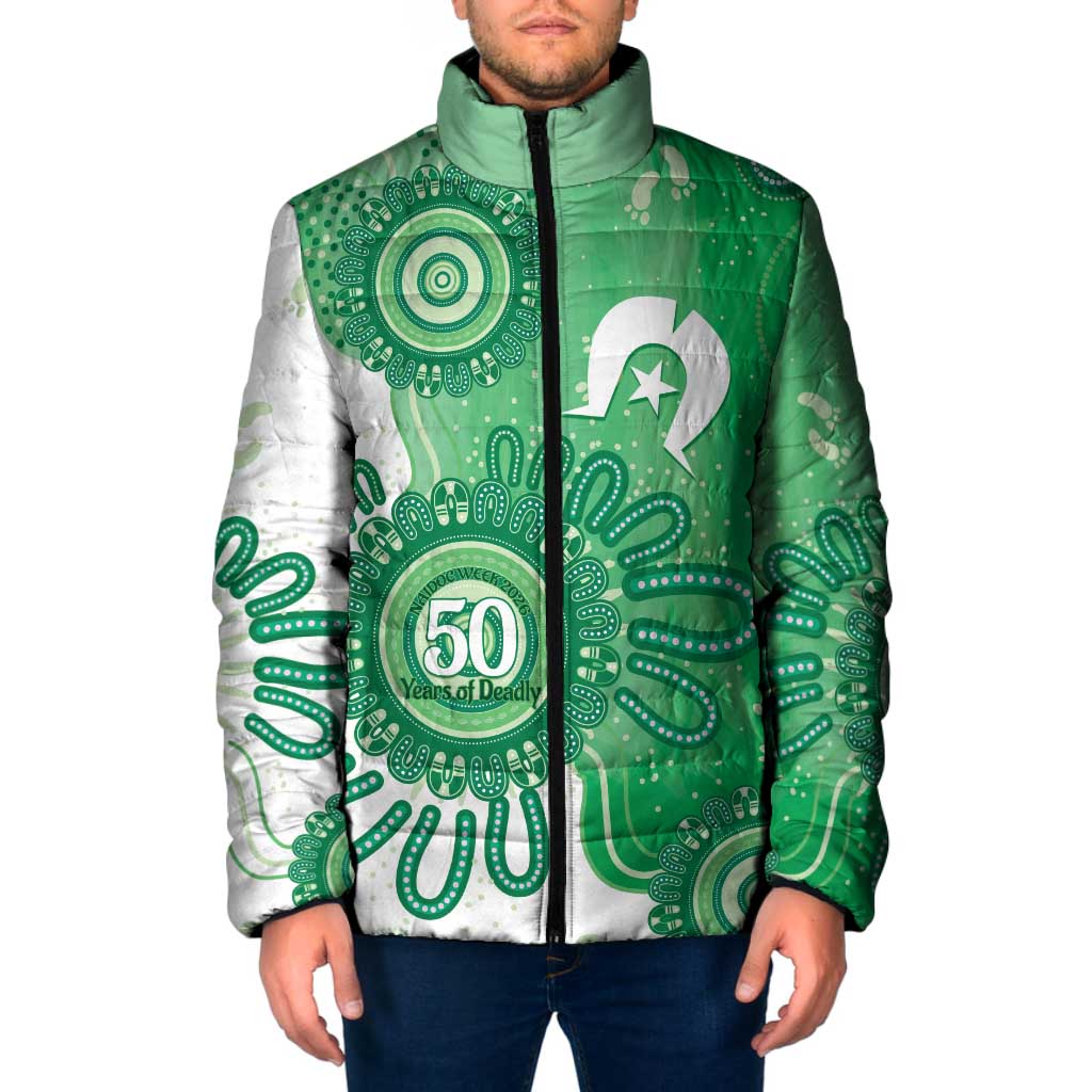 NAIDOC Week 2026 Padded Jacket 50 Years Deadly Dhari Green Aboriginal Art