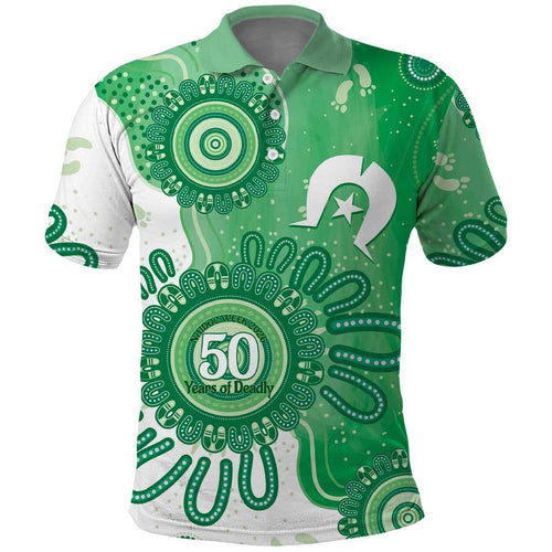 NAIDOC Week 2026 Polo Shirt 50 Years Deadly Dhari Green Aboriginal Art