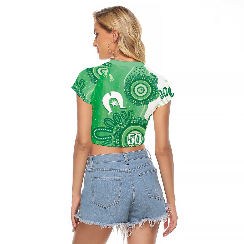 NAIDOC Week 2026 Raglan Cropped T Shirt 50 Years Deadly Dhari Green Aboriginal Art