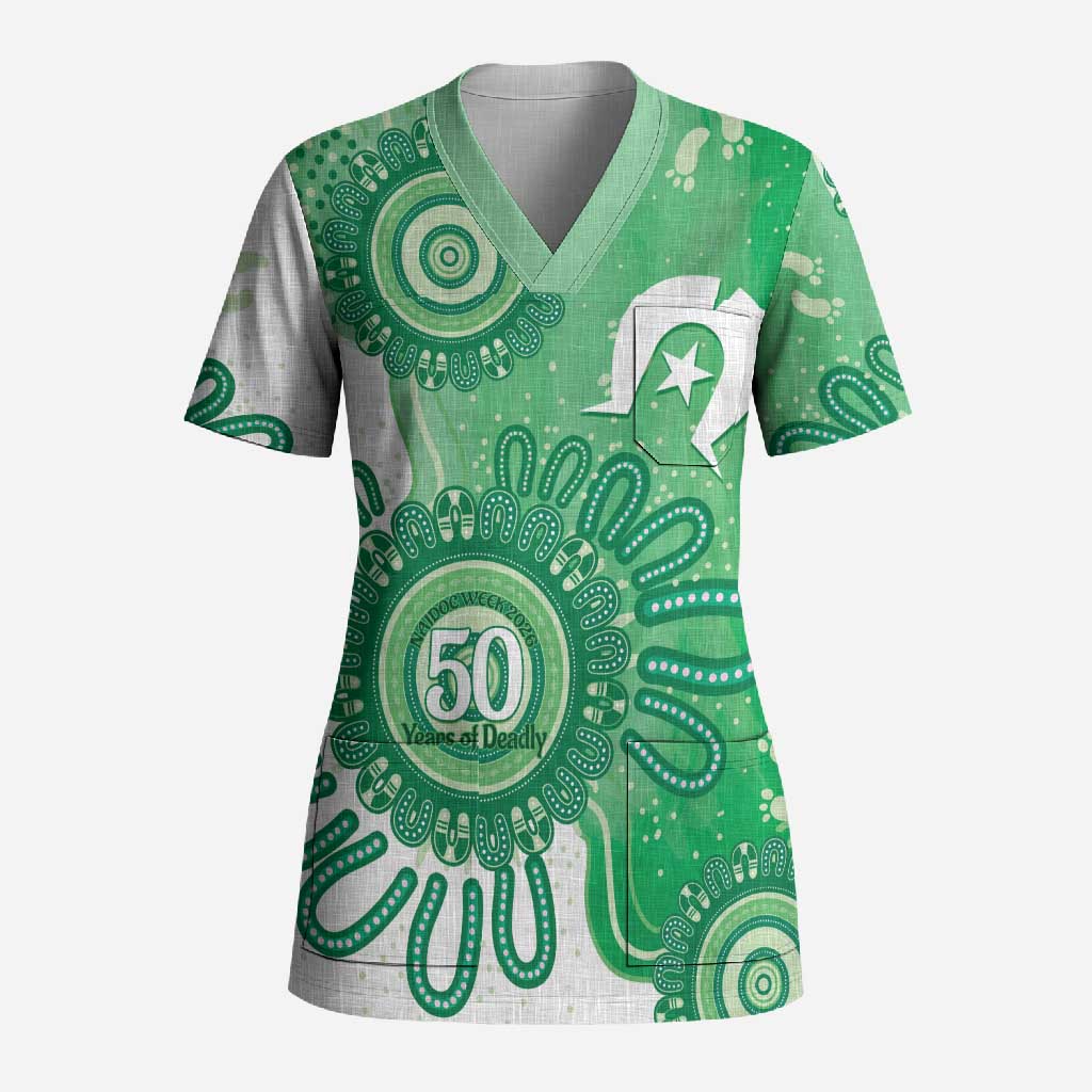 NAIDOC Week 2026 Scrub Top 50 Years Deadly Dhari Green Aboriginal Art