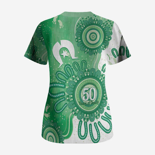 NAIDOC Week 2026 Scrub Top 50 Years Deadly Dhari Green Aboriginal Art