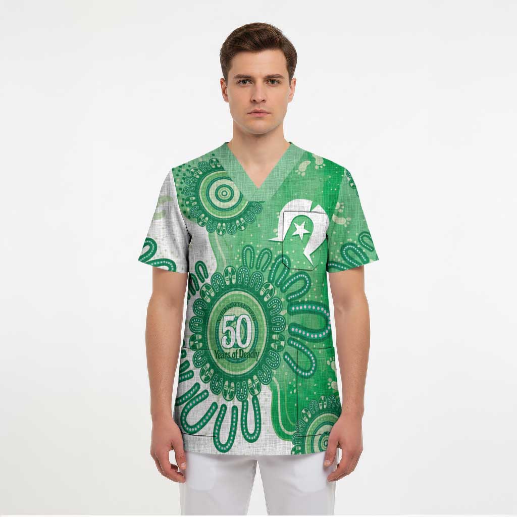NAIDOC Week 2026 Scrub Top 50 Years Deadly Dhari Green Aboriginal Art