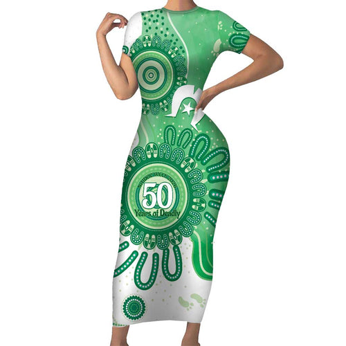 NAIDOC Week 2026 Short Sleeve Bodycon Dress 50 Years Deadly Dhari Green Aboriginal Art