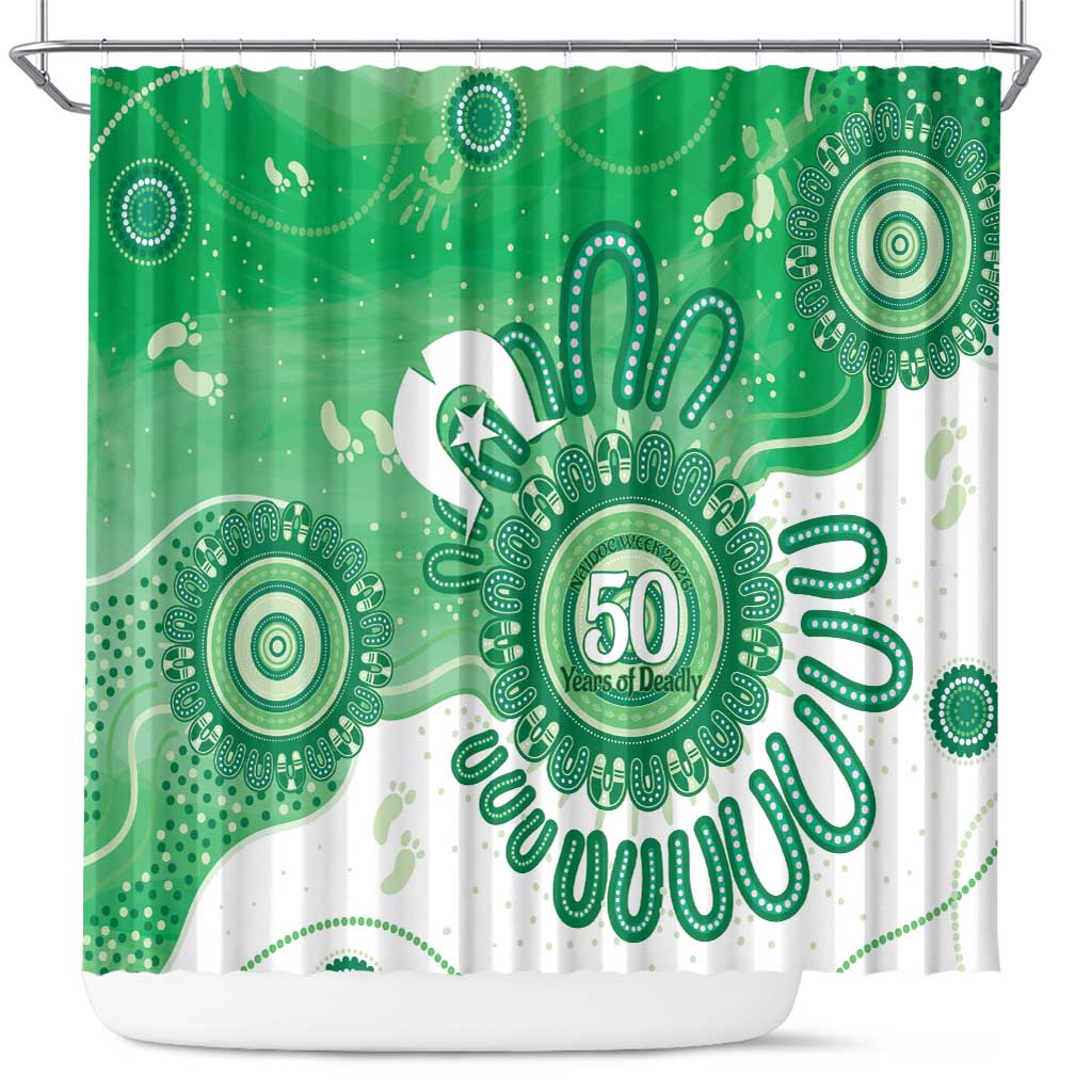 NAIDOC Week 2026 Shower Curtain 50 Years Deadly Dhari Green Aboriginal Art