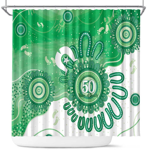 NAIDOC Week 2026 Shower Curtain 50 Years Deadly Dhari Green Aboriginal Art