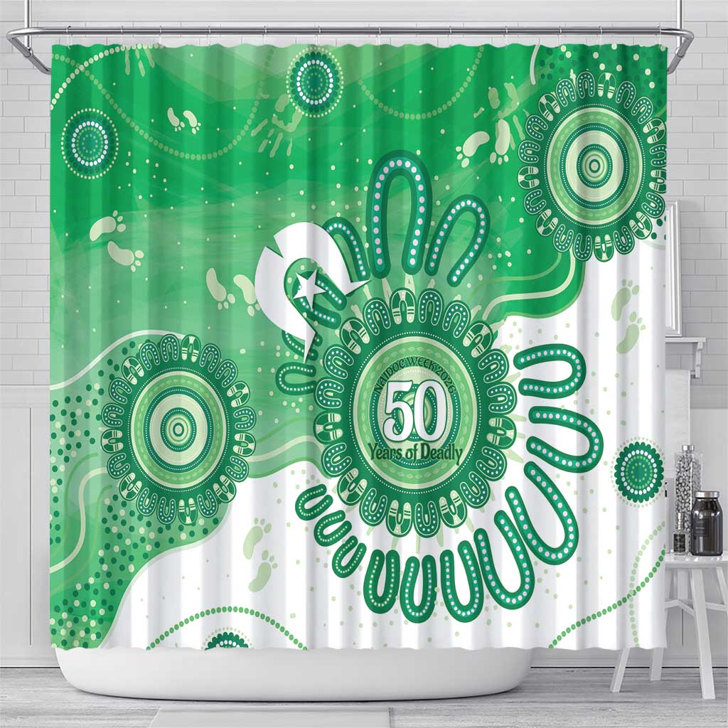 NAIDOC Week 2026 Shower Curtain 50 Years Deadly Dhari Green Aboriginal Art