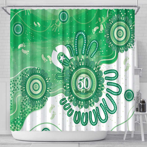 NAIDOC Week 2026 Shower Curtain 50 Years Deadly Dhari Green Aboriginal Art