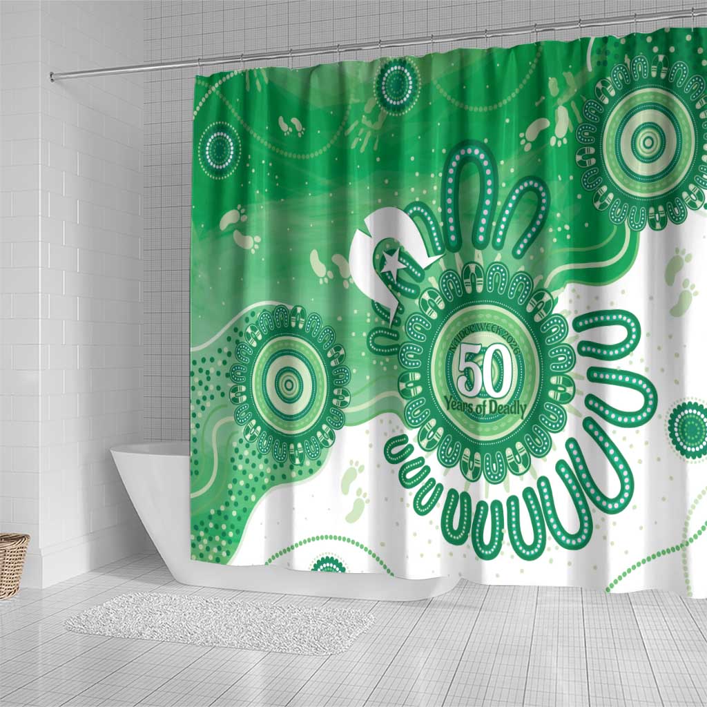 NAIDOC Week 2026 Shower Curtain 50 Years Deadly Dhari Green Aboriginal Art
