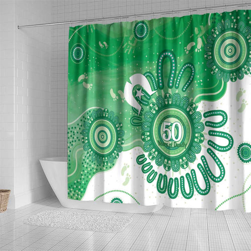 NAIDOC Week 2026 Shower Curtain 50 Years Deadly Dhari Green Aboriginal Art