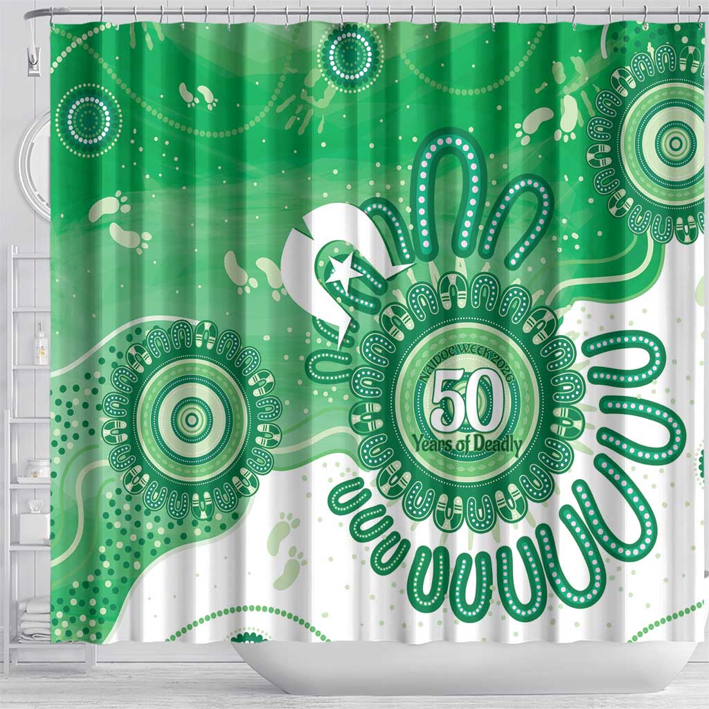 NAIDOC Week 2026 Shower Curtain 50 Years Deadly Dhari Green Aboriginal Art