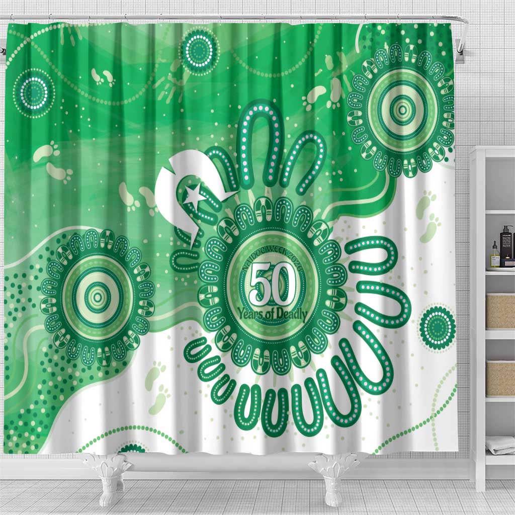 NAIDOC Week 2026 Shower Curtain 50 Years Deadly Dhari Green Aboriginal Art