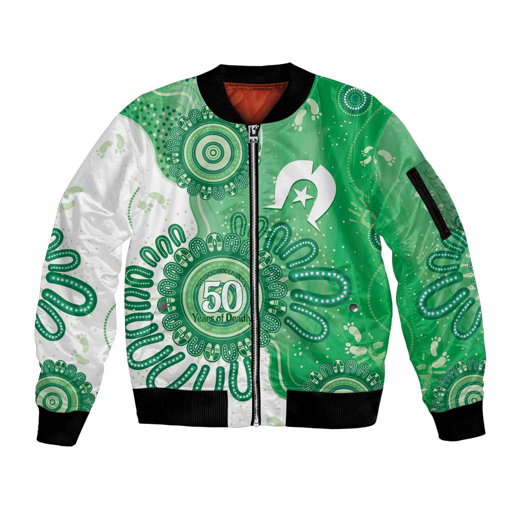NAIDOC Week 2026 Sleeve Zip Bomber Jacket 50 Years Deadly Dhari Green Aboriginal Art