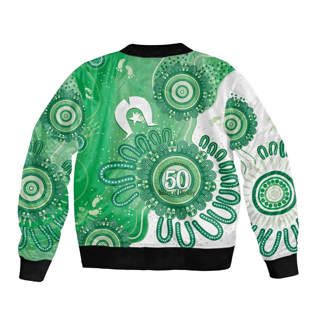 NAIDOC Week 2026 Sleeve Zip Bomber Jacket 50 Years Deadly Dhari Green Aboriginal Art