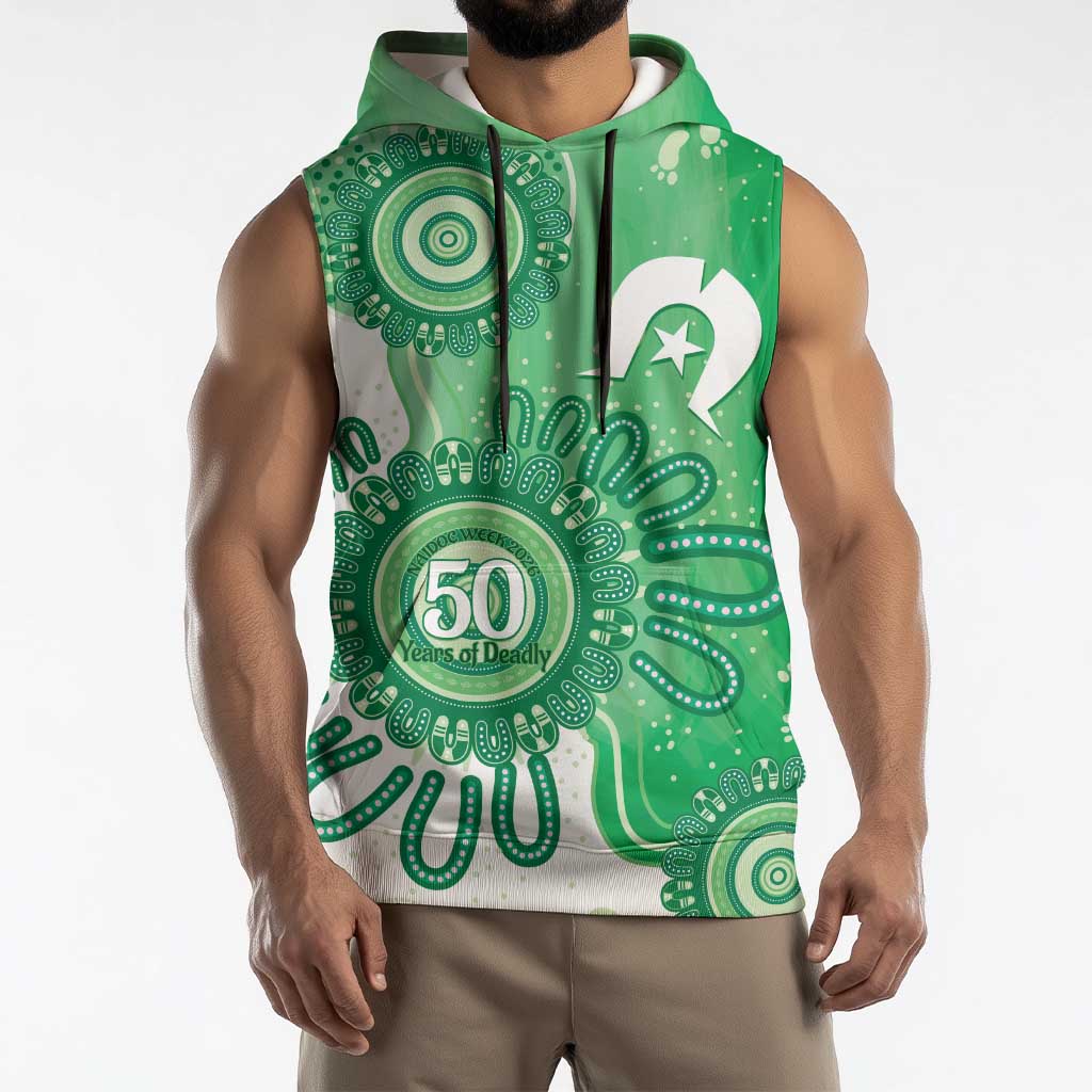 NAIDOC Week 2026 Sleeveless Hoodie 50 Years Deadly Dhari Green Aboriginal Art