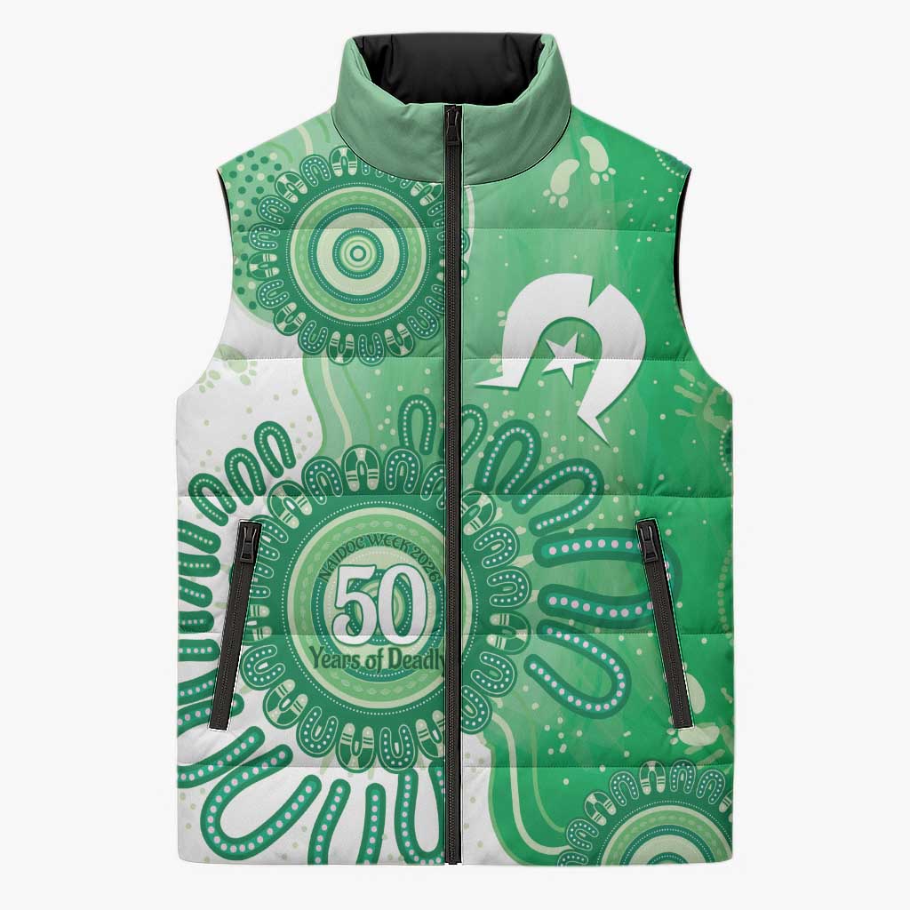 NAIDOC Week 2026 Sleeveless Puffer Jacket 50 Years Deadly Dhari Green Aboriginal Art
