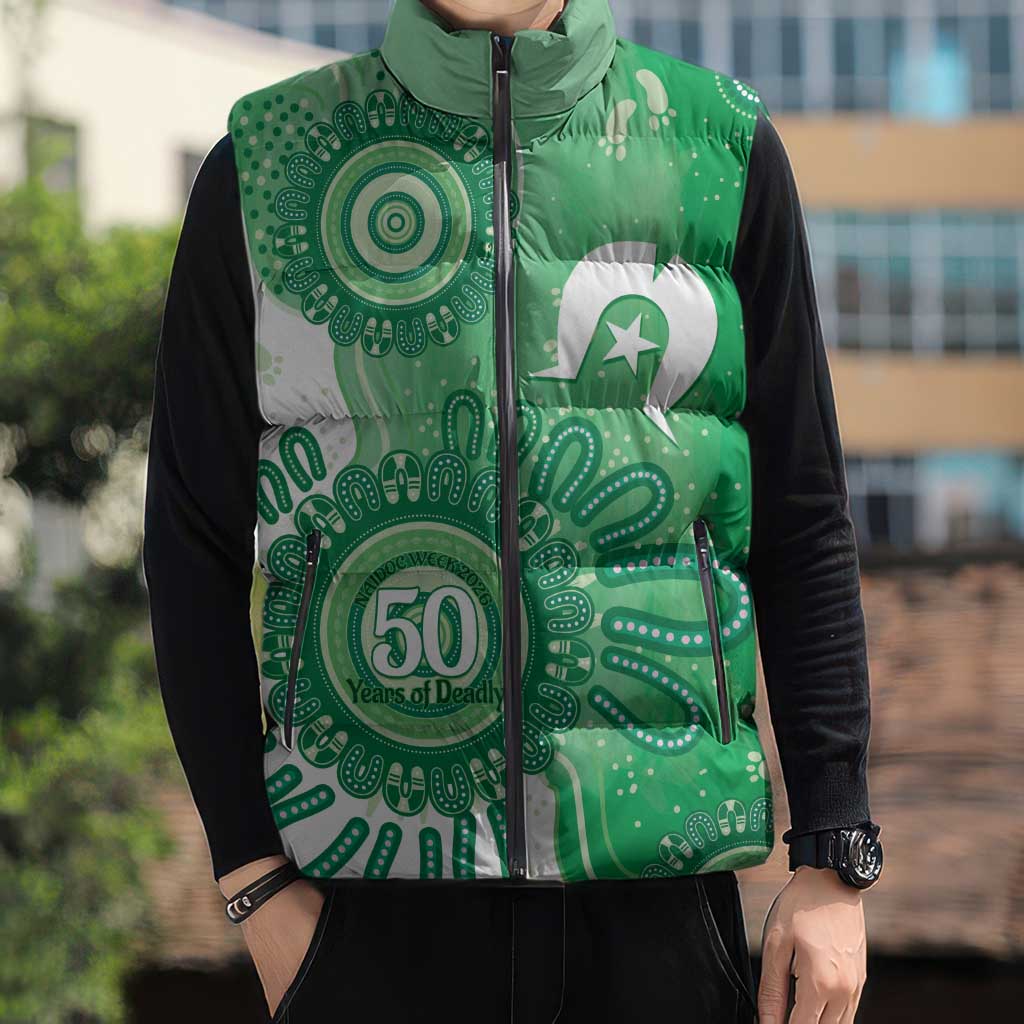 NAIDOC Week 2026 Sleeveless Puffer Jacket 50 Years Deadly Dhari Green Aboriginal Art