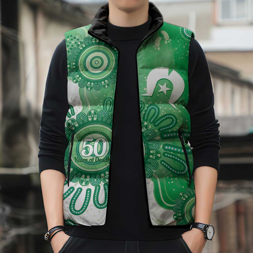 NAIDOC Week 2026 Sleeveless Puffer Jacket 50 Years Deadly Dhari Green Aboriginal Art