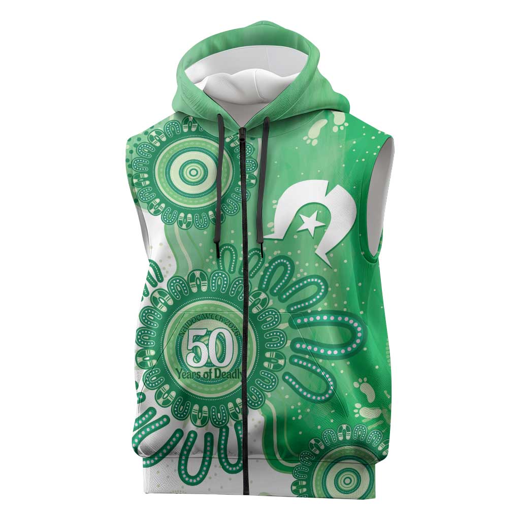 NAIDOC Week 2026 Sleeveless Zip Hoodie 50 Years Deadly Dhari Green Aboriginal Art