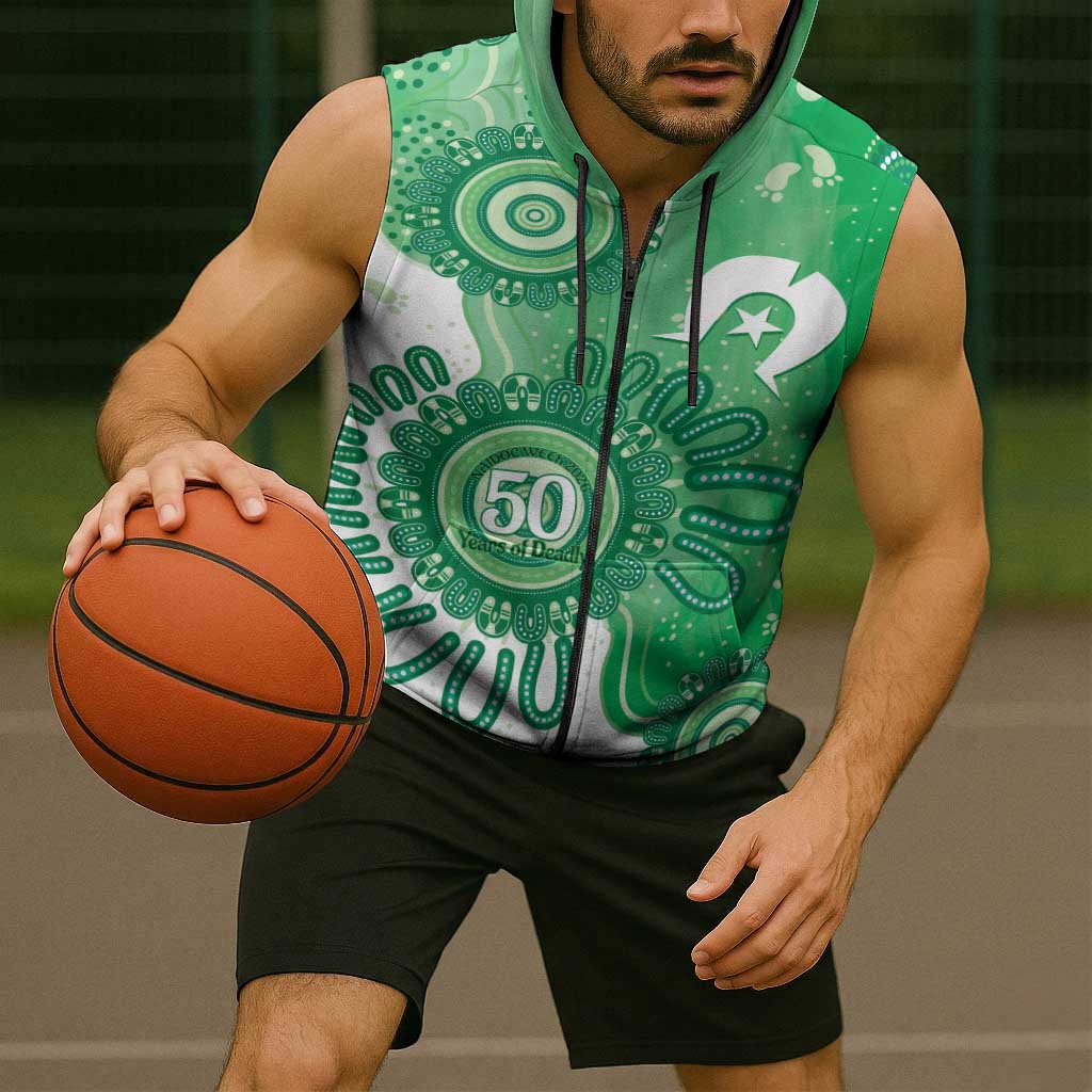 NAIDOC Week 2026 Sleeveless Zip Hoodie 50 Years Deadly Dhari Green Aboriginal Art