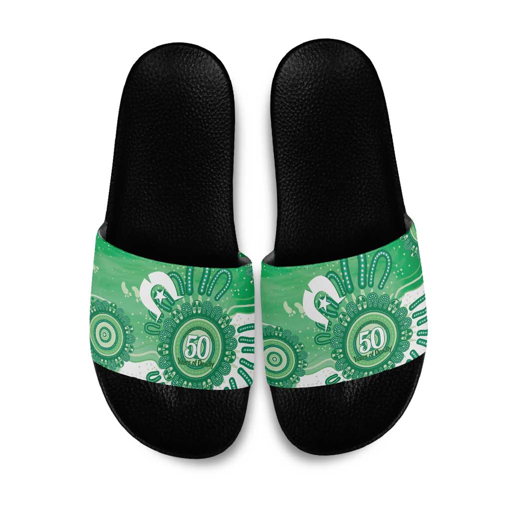 NAIDOC Week 2026 Slide Sandals 50 Years Deadly Dhari Green Aboriginal Art