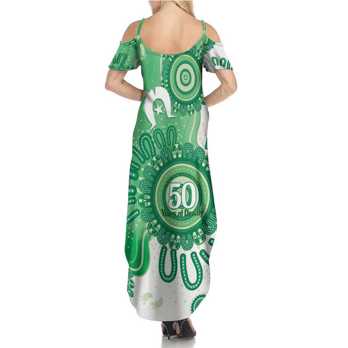 NAIDOC Week 2026 Summer Maxi Dress 50 Years Deadly Dhari Green Aboriginal Art