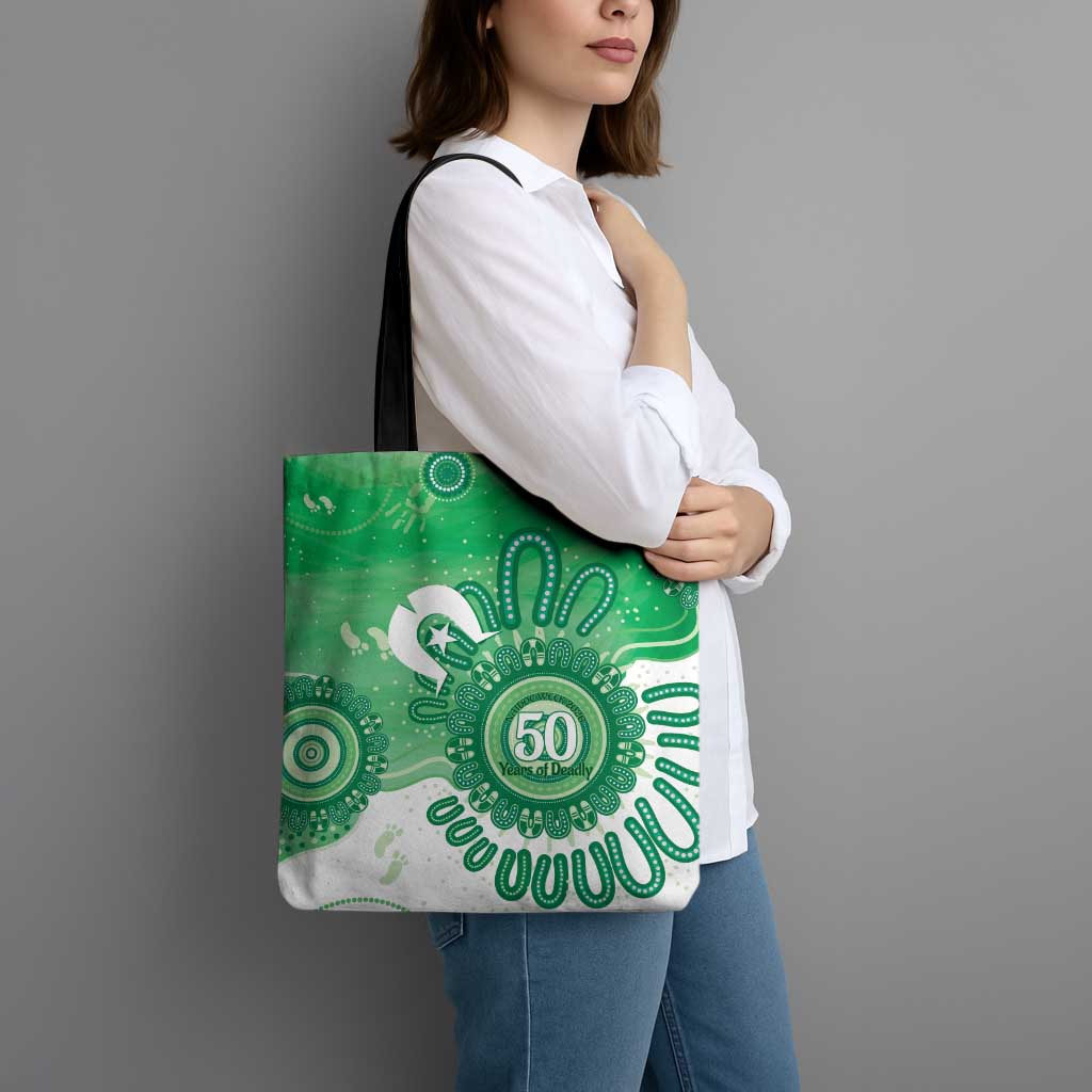 NAIDOC Week 2026 Tote Bag 50 Years Deadly Dhari Green Aboriginal Art