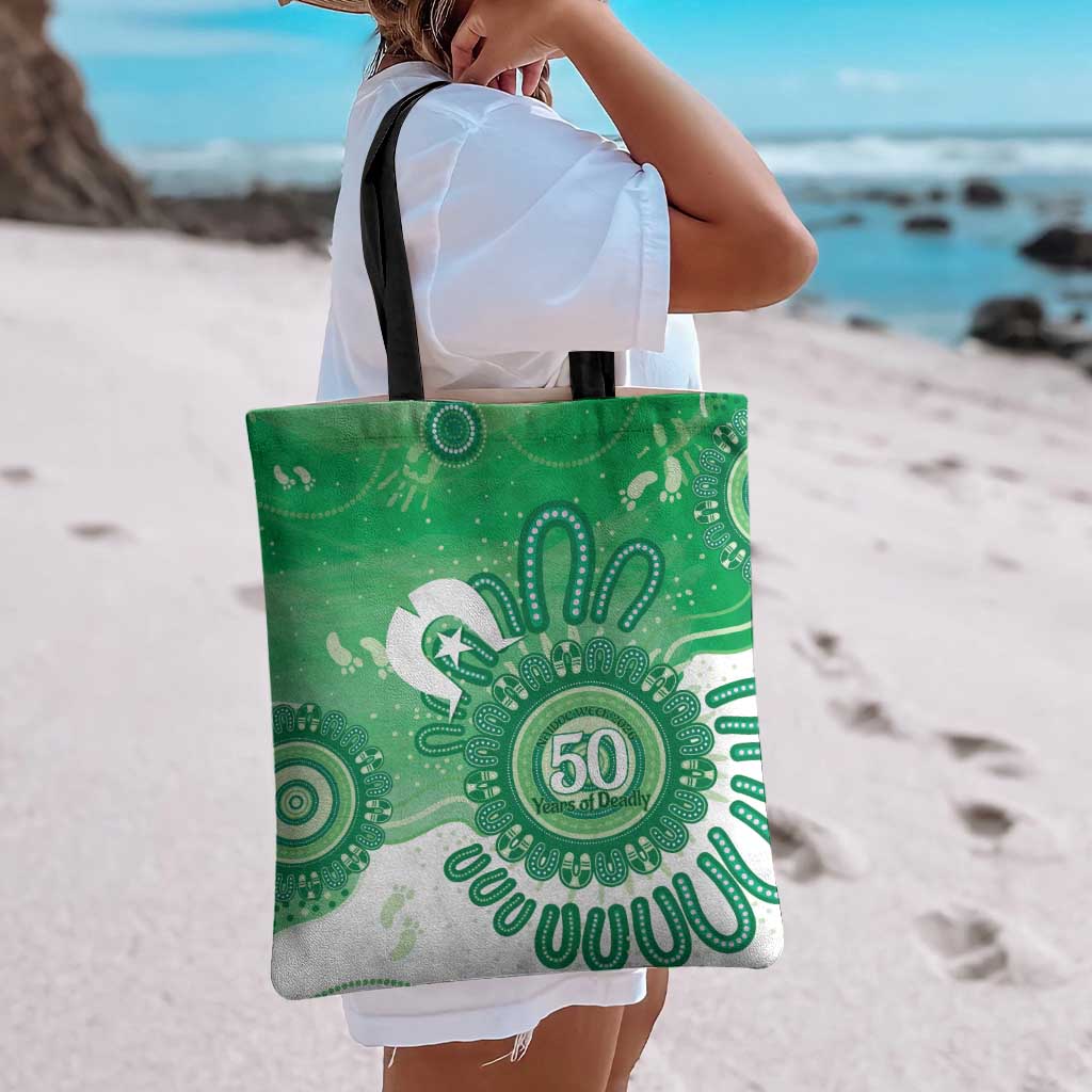 NAIDOC Week 2026 Tote Bag 50 Years Deadly Dhari Green Aboriginal Art
