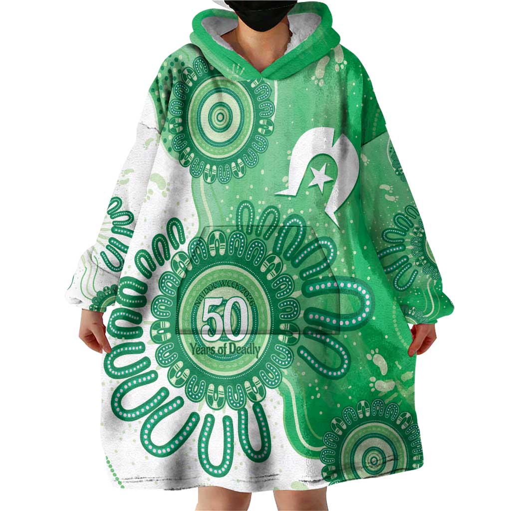 NAIDOC Week 2026 Wearable Blanket Hoodie 50 Years Deadly Dhari Green Aboriginal Art