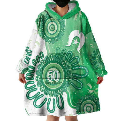 NAIDOC Week 2026 Wearable Blanket Hoodie 50 Years Deadly Dhari Green Aboriginal Art