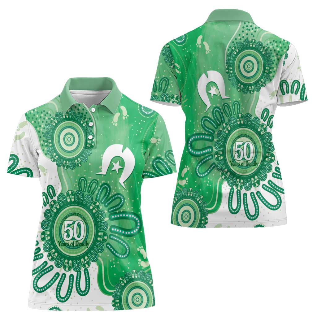 NAIDOC Week 2026 Women Polo Shirt 50 Years Deadly Dhari Green Aboriginal Art