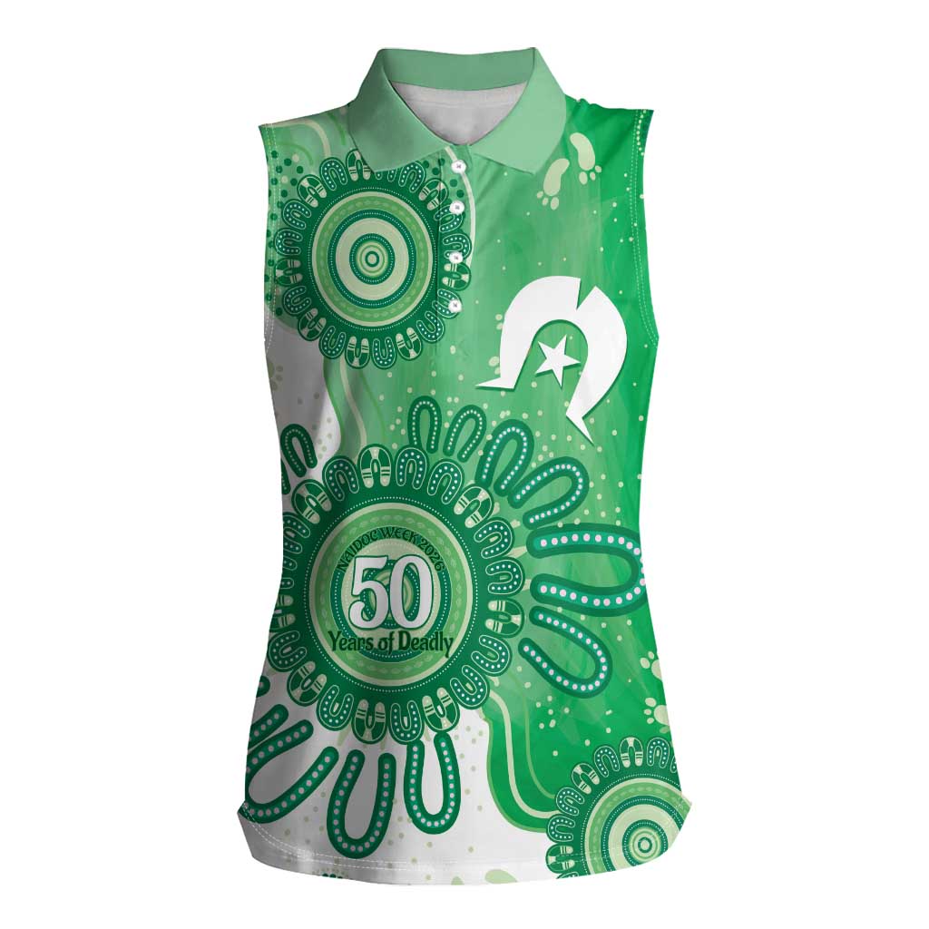 NAIDOC Week 2026 Women Sleeveless Polo Shirt 50 Years Deadly Dhari Green Aboriginal Art